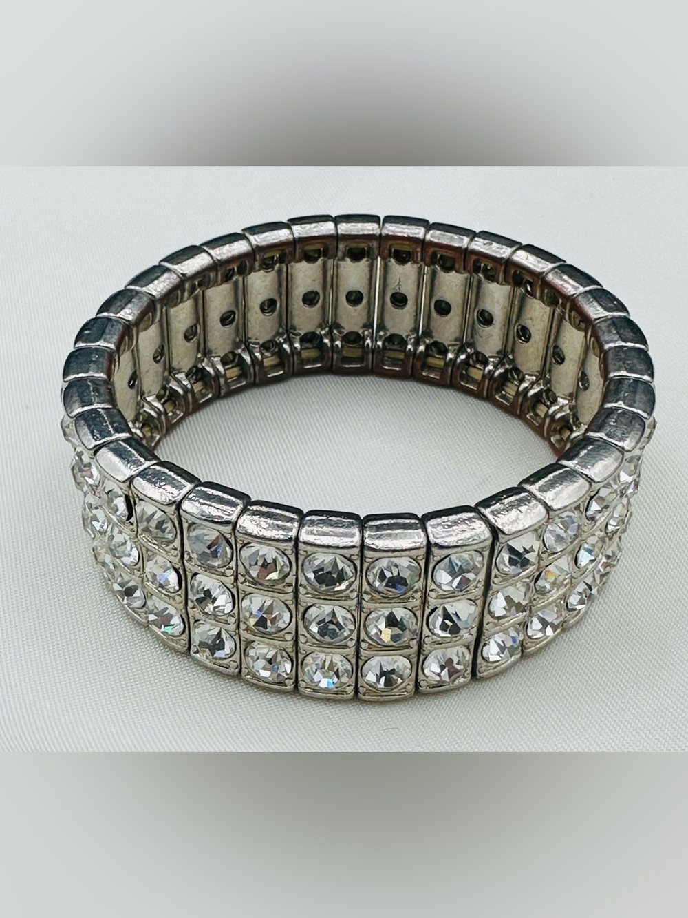 Vintage 3 Row Clear Rhinestone Stretch Cuff Bracelet Silver-tone Mid Century